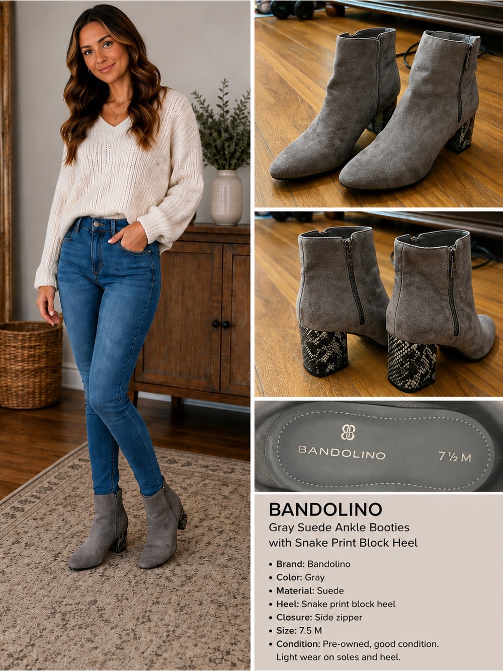 Bandolino Gray Suede Ankle Booties with Snake-Print Block Heel